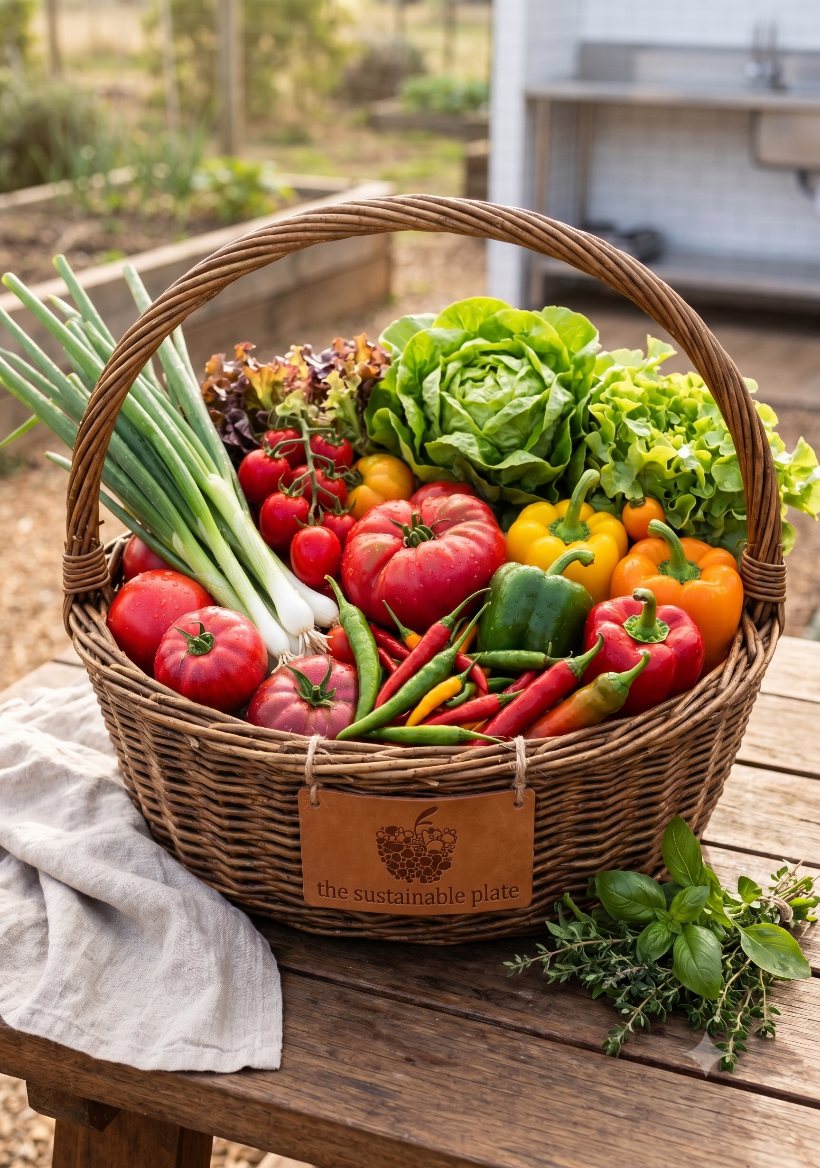 A Sustainable Plate basket of fresh Tasmanian vegetables and herbs, with the branded leather name tag