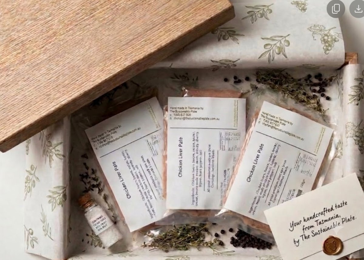 Handcrafted Chicken Liver Pâté packs from The Sustainable Plate, wrapped in botanical tissue with a handwritten Tasmanian note